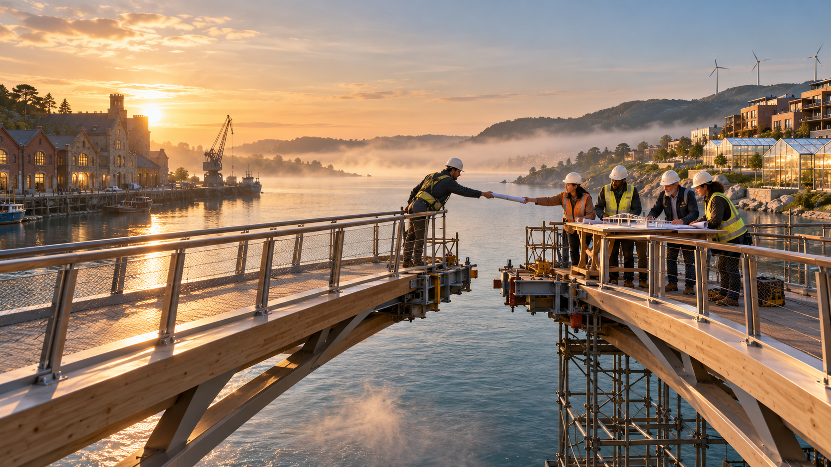 Teams exchange a shared plan across an unfinished bridge: an illustration of beginning practical cooperation.