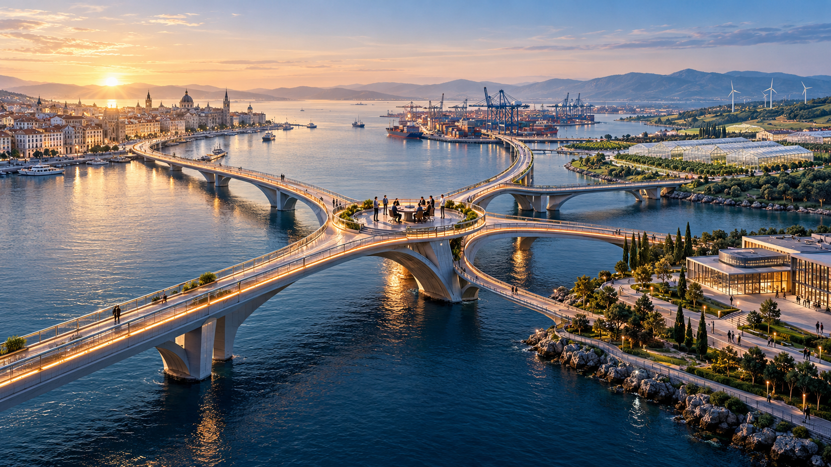 A completed network of bridges connects a shared negotiating table, communities, a port and greenhouses.